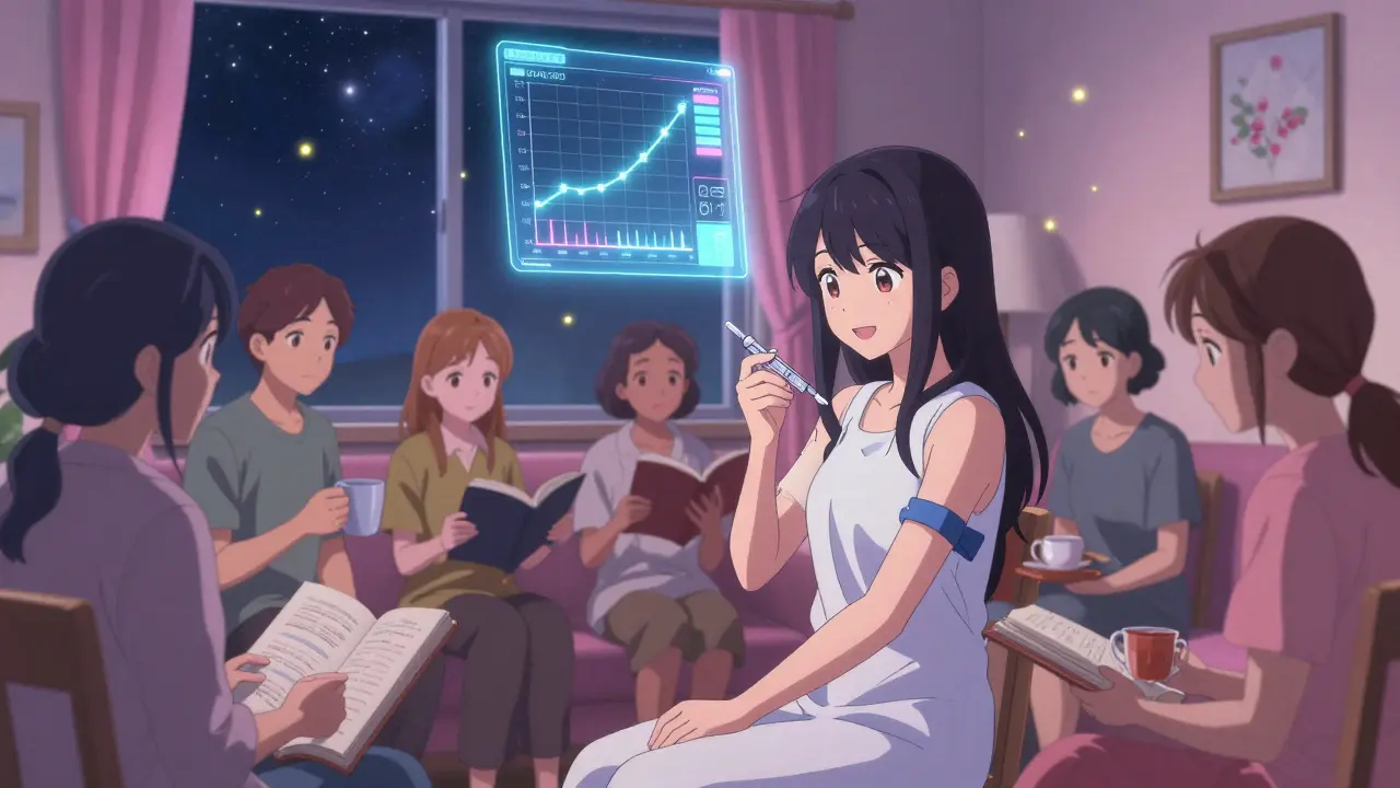 Patients managing SCIG at home with glowing health data and sparkling glycans under a starry night sky.