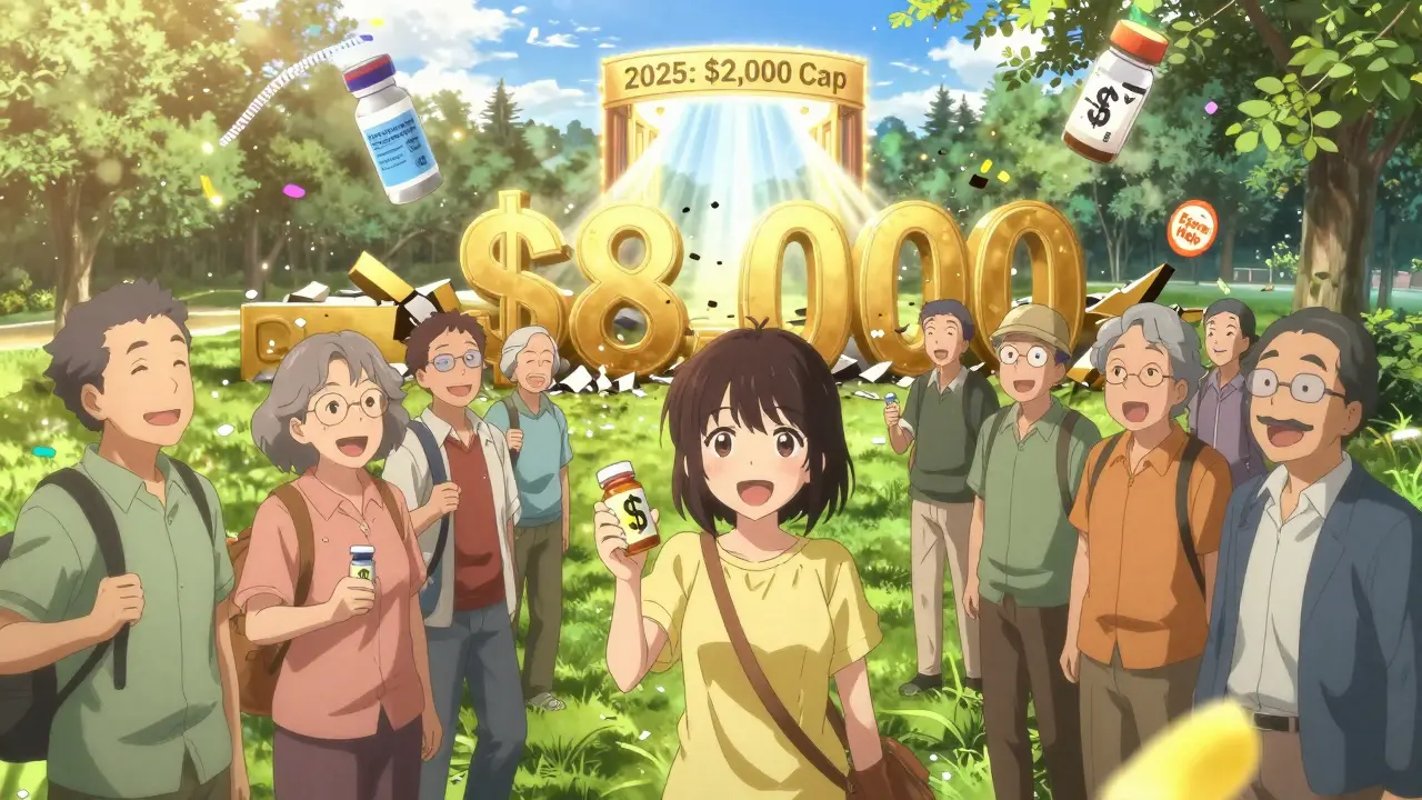 Seniors in park as financial barriers crumble, golden portal labeled '2025 ,000 Cap' glows ahead.