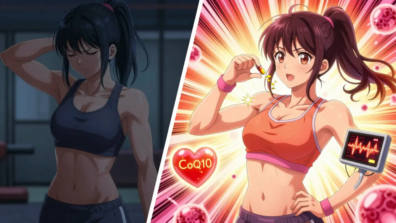 Split scene of a girl transitioning from fatigue to energy, with golden CoQ10 sparkles flowing into her muscles.