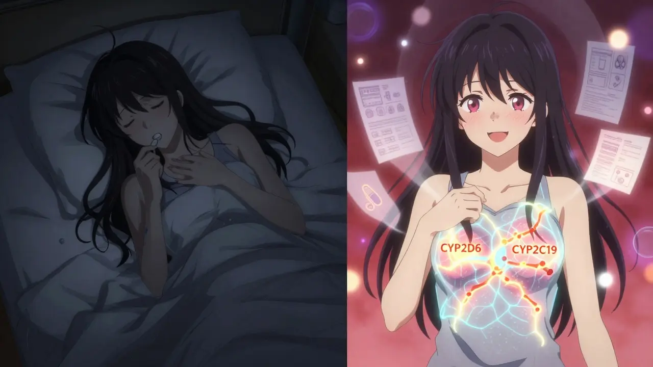 Split scene: one side shows illness from bad drug reaction, the other shows wellness after genetic-guided treatment.