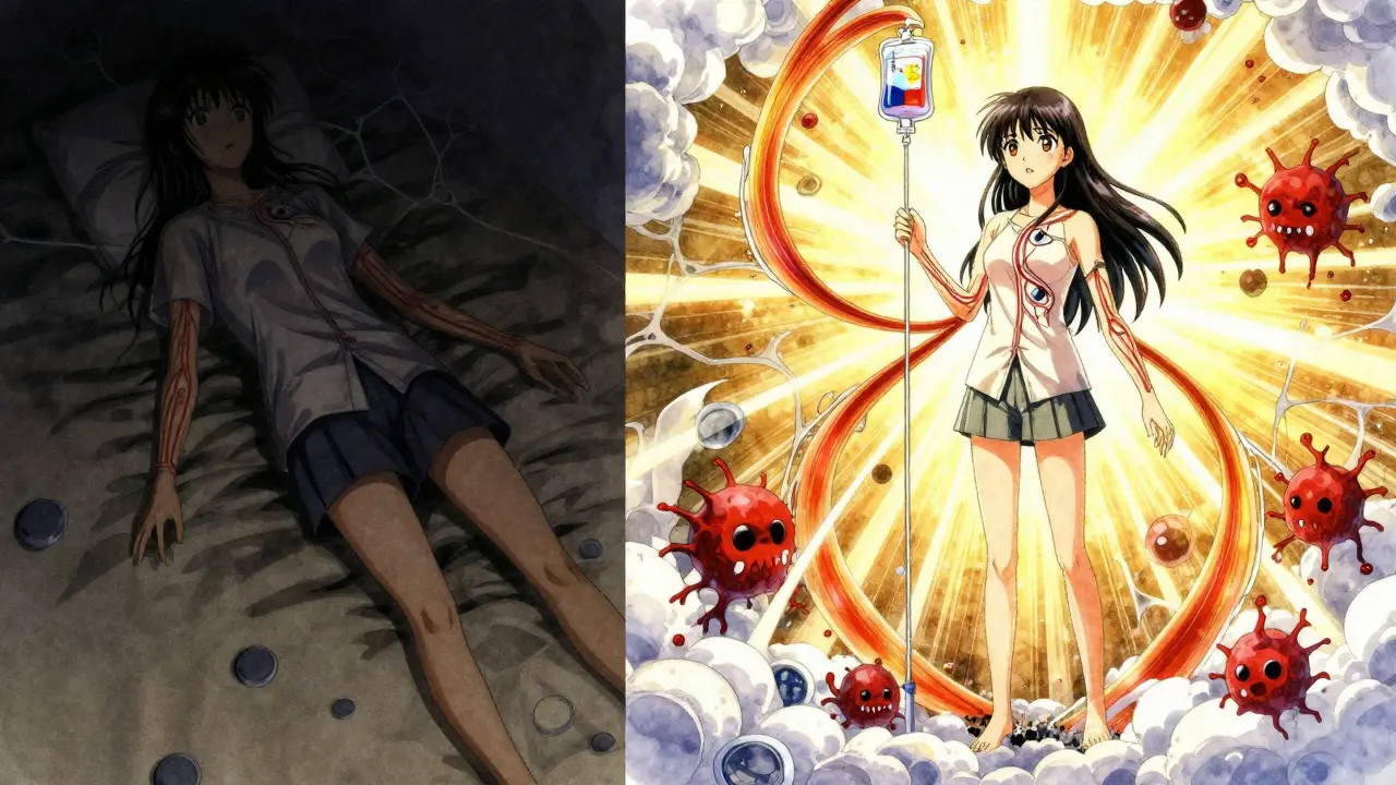 Split scene showing a patient recovering from weakness to strength as IVIG antibodies neutralize harmful immune cells.