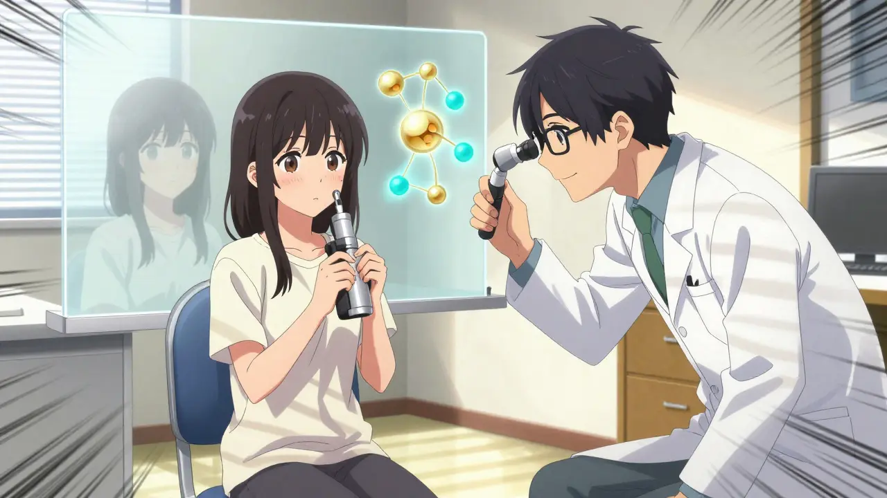 Teen patient in eye doctor’s office holding a slit-lamp, translucent chemical bonds glowing behind them, soft daylight casting shadows.