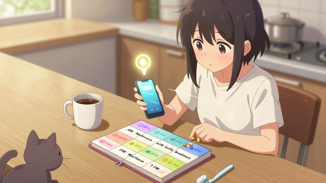 Teenager setting medication alarms and organizing pills in a weekly box beside coffee and toothbrush.