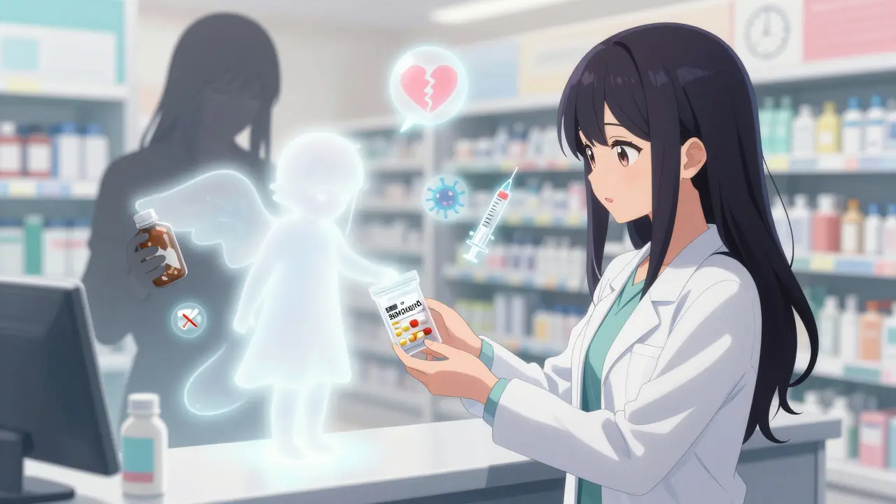 Woman at pharmacy receiving fresh meds as expired ones are gently taken away by a glowing figure.