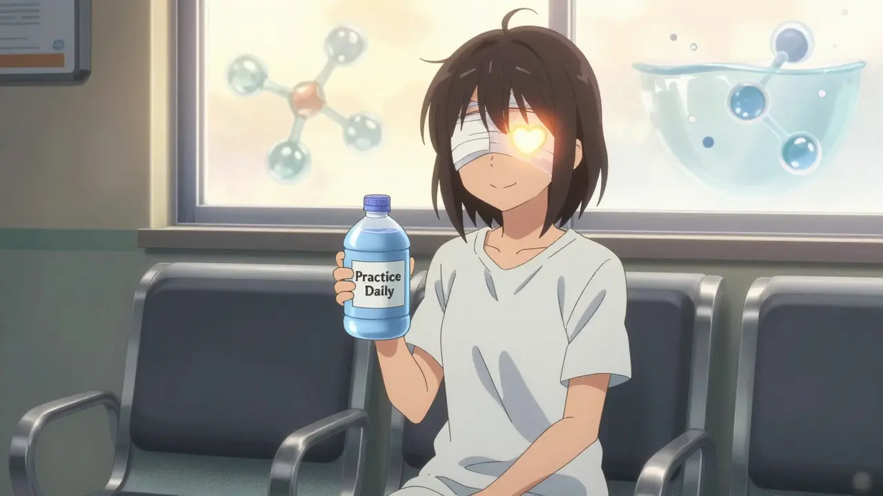 Woman in ER with bandaged eye, smiling, holding water jug labeled 'Practice Daily', soft light glowing.