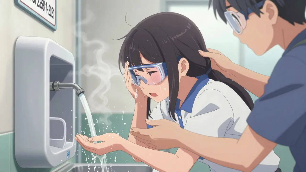 Woman receiving eye irrigation at workplace eyewash station, colleague assisting, water flowing steadily.