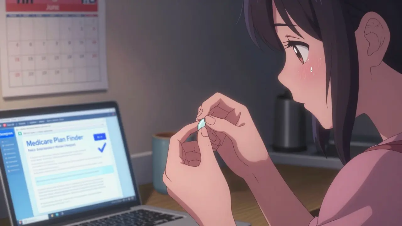 Woman splitting pill in kitchen, calendar marked June, laptop showing Medicare plan tool.