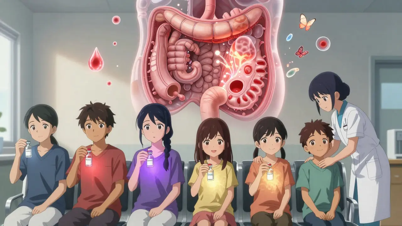 Young patients in a clinic holding biologic vials with colored auras, while their gut heals in a magical mural above.