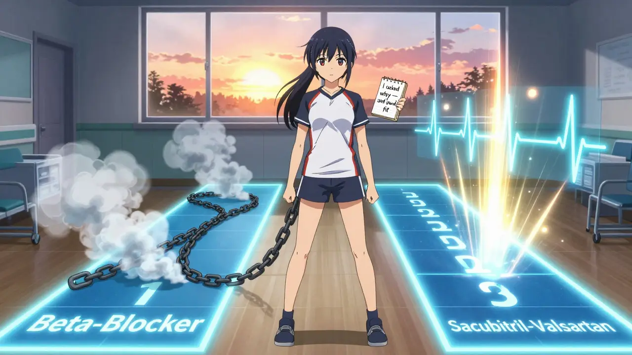 A girl stands between pathways of beta-blocker fatigue and sacubitril-valsartan light, symbolizing modern hypertension treatment choices.