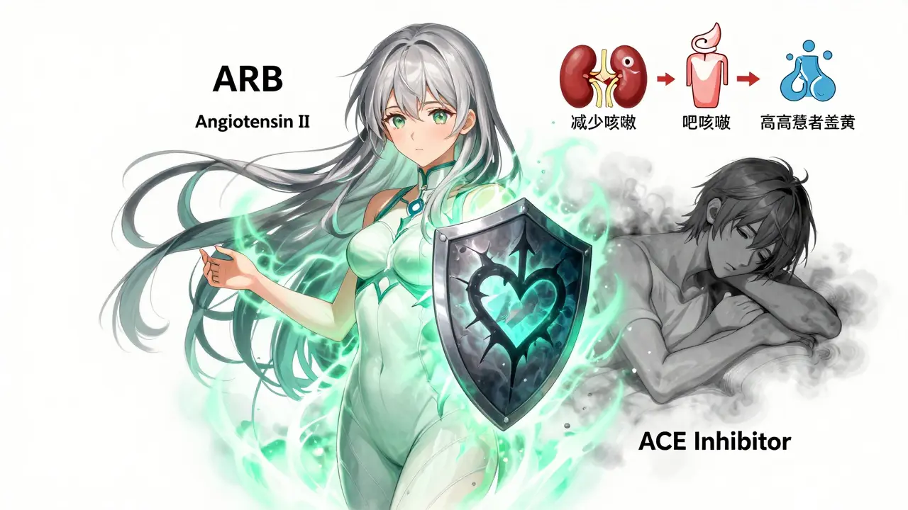 A girl with silver hair blocks angiotensin II with a heart-shaped shield, symbolizing ARB benefits over ACE inhibitors.