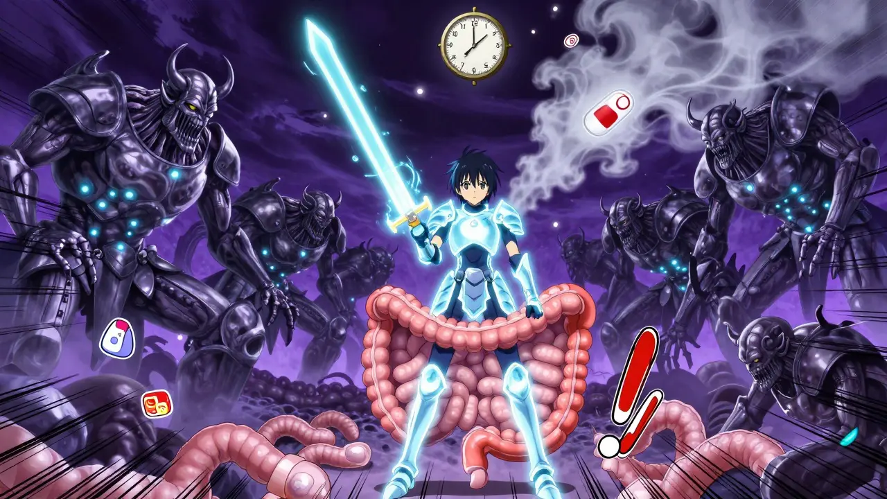 A glowing antibiotic warrior defeating metal ion demons in a surreal gut battlefield with a ticking clock.