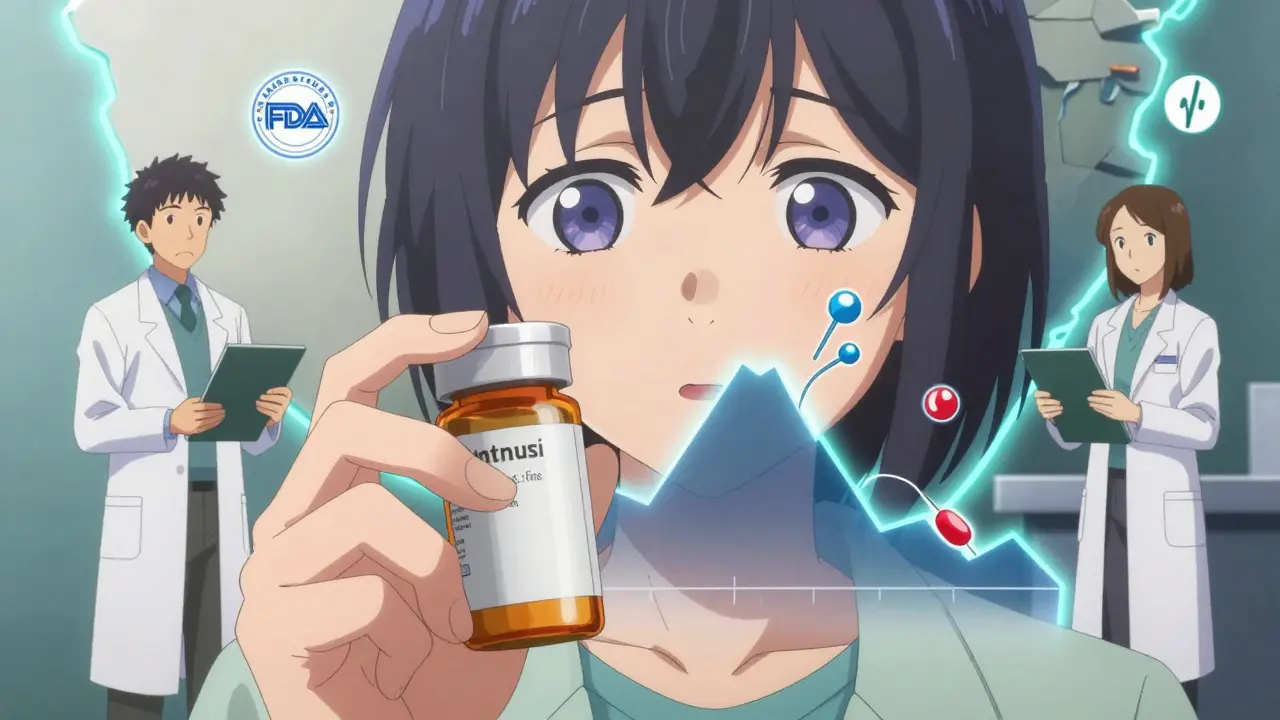 A patient holding a pill bottle with a warning label, overlaid with a narrow therapeutic index graph and state-specific substitution rules.