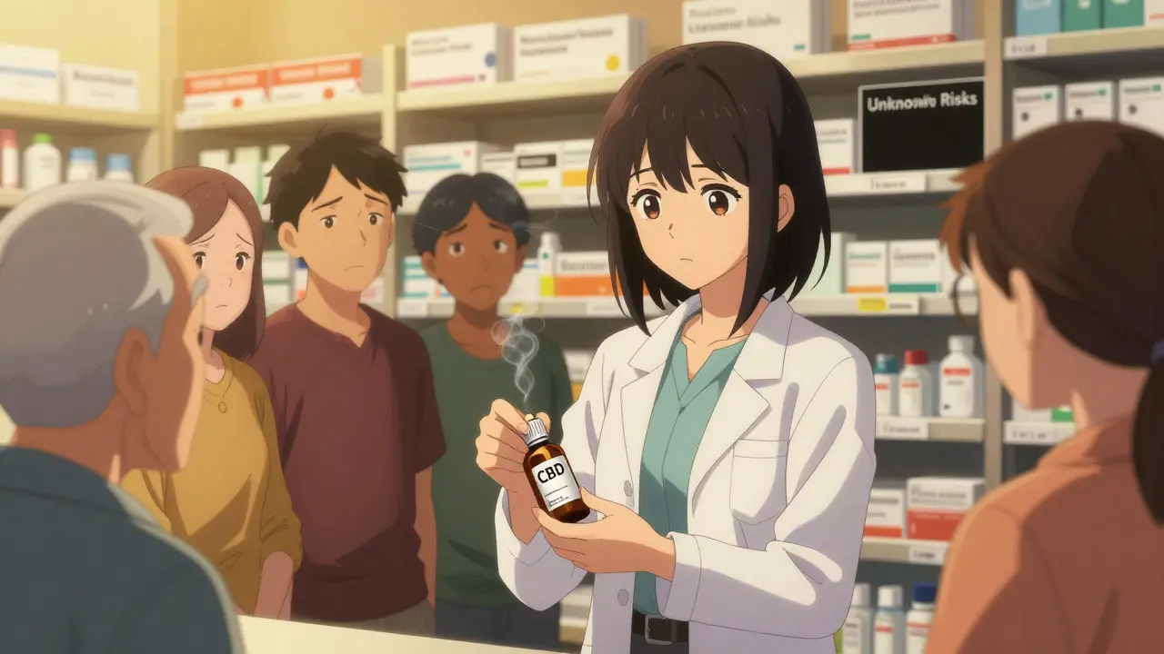 A pharmacist warns patients about CBD interactions with medications, surrounded by labeled prescription bottles under warm lighting.