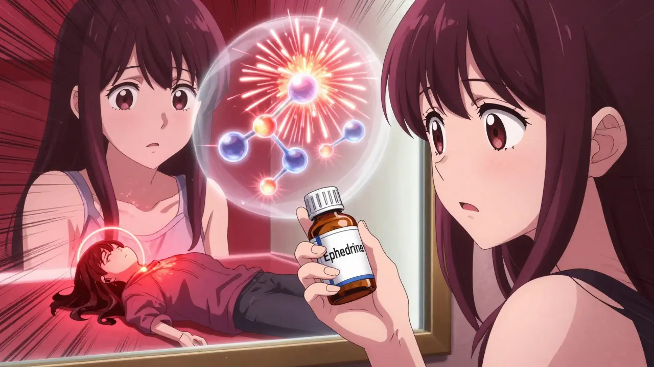 A woman reaching for cold medicine while her reflection shows a collapsed version of herself, with exploding norepinephrine molecules in the background.