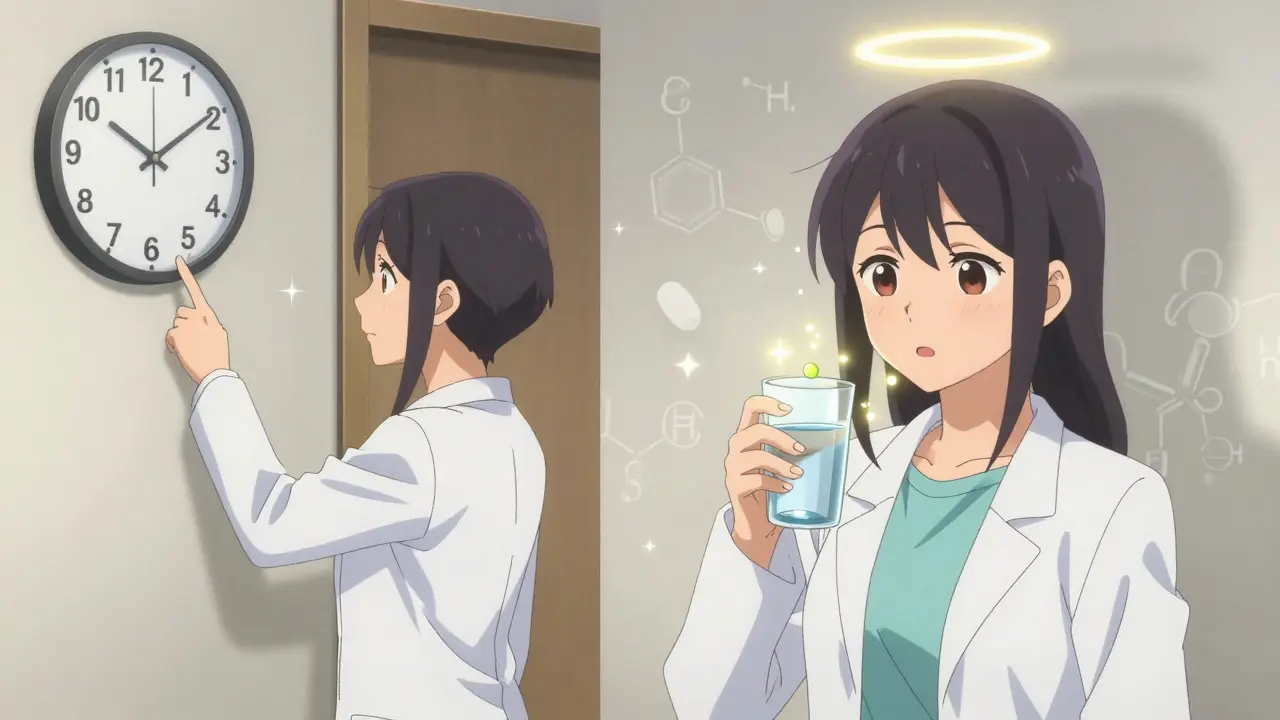 A woman taking antibiotic successfully with golden light, pharmacist guiding her with a clock in background.