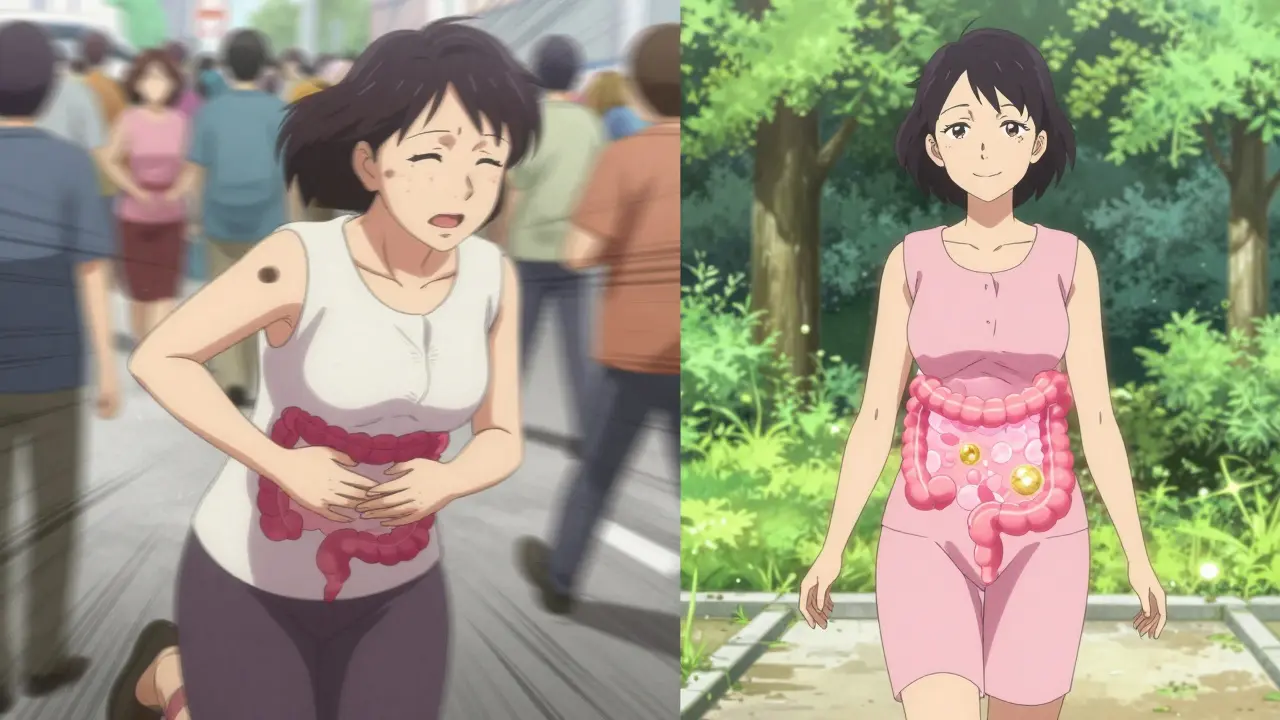 A woman transitions from frantic distress to calm peace, symbolizing relief from chronic diarrhea.