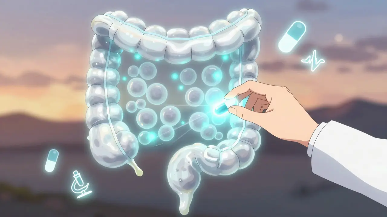 An ethereal colon with collagen and white blood cells receives a budesonide capsule in a glowing medical scene.