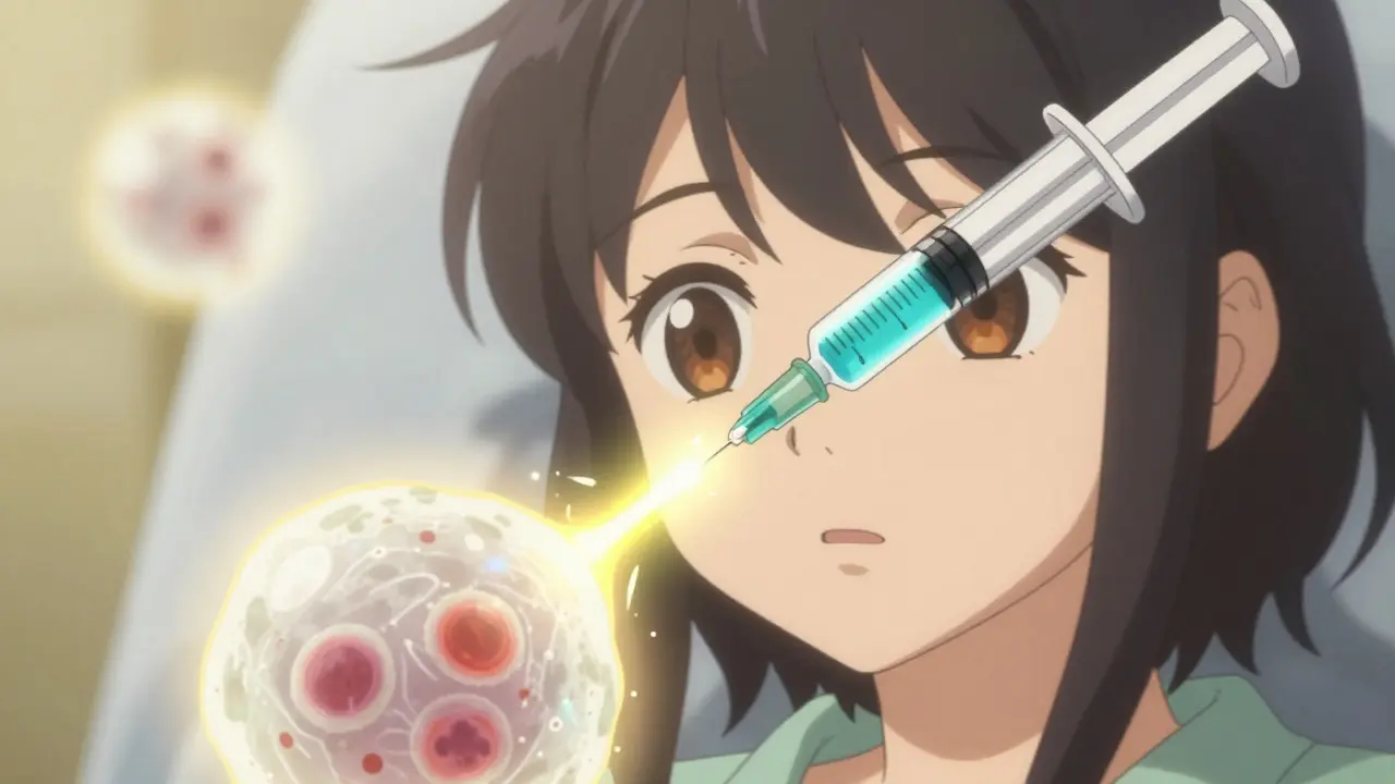 Close-up of glowing biologic injection targeting immune cells.