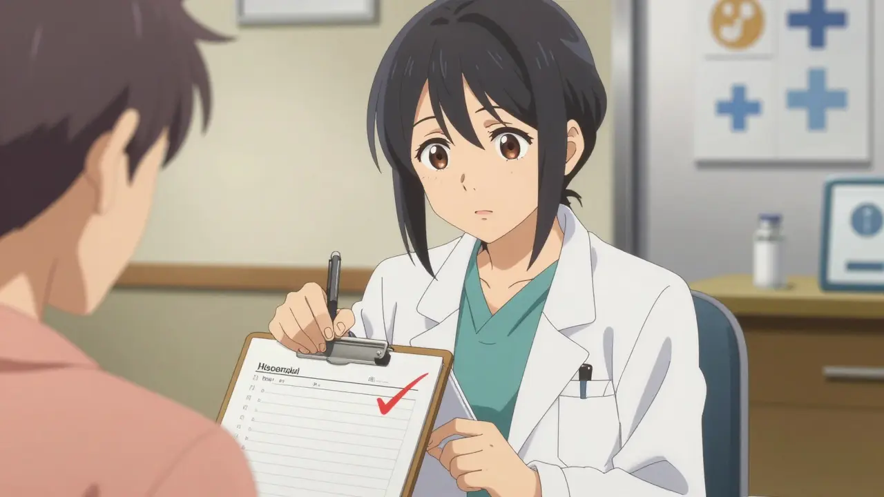 Doctor writing checkmark on prescription, patient holding logbook in clinic.