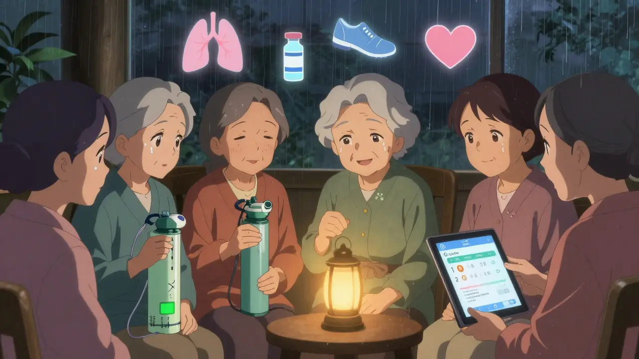 Elderly women in a support group, one with an oxygen tank, others looking at a health app.