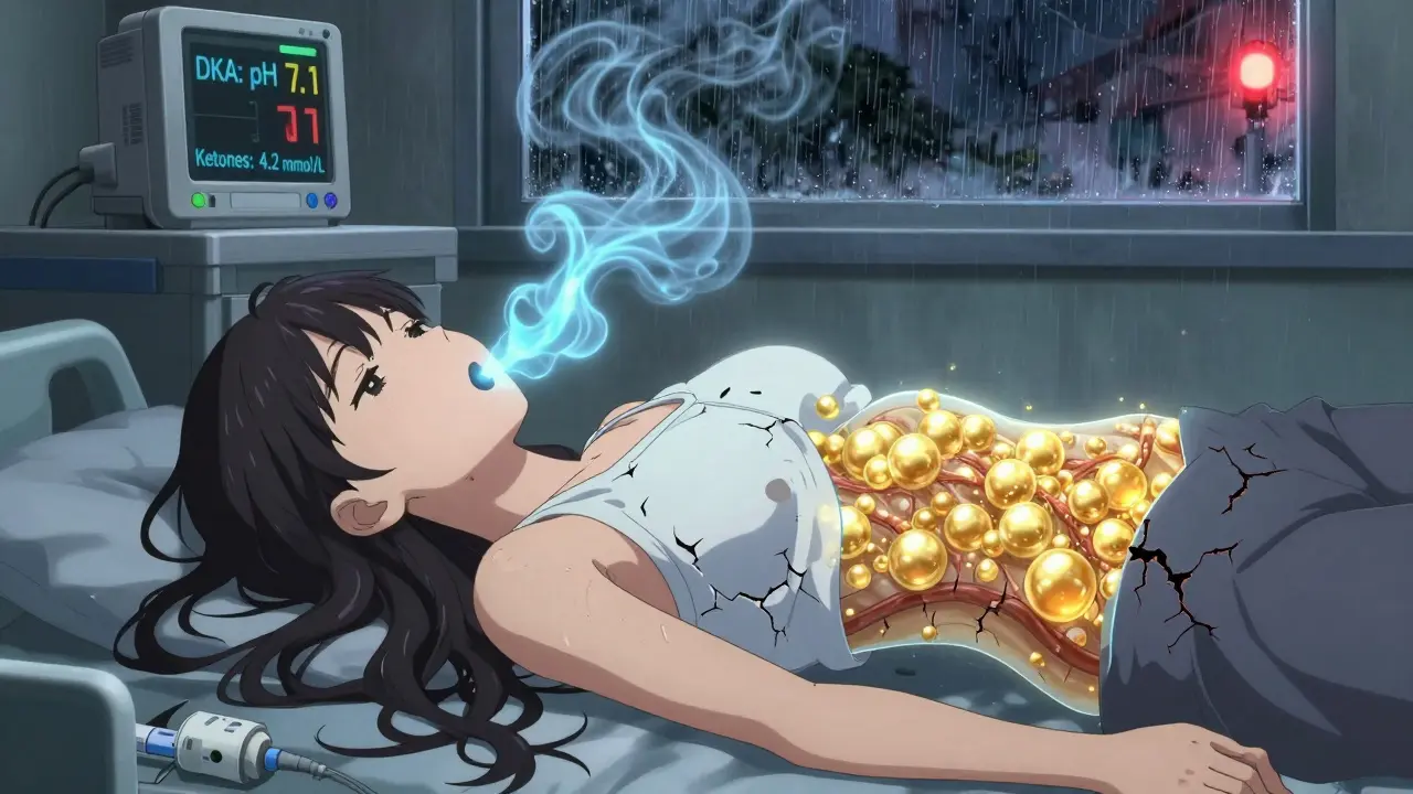 Teen girl in medical emergency with ketone particles rising from her breath and DKA monitor readings visible.