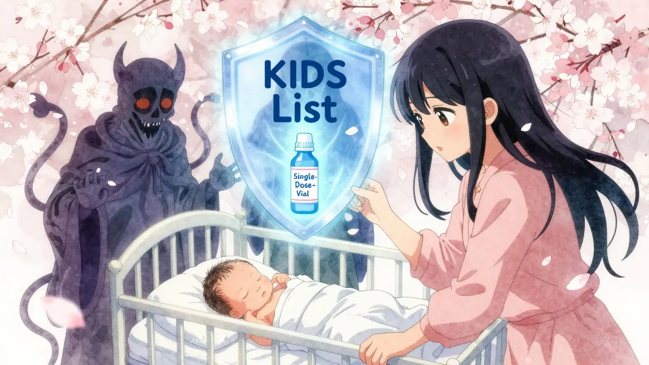Three toxic spirits threaten a sleeping baby, while a protective shield labeled 'KIDs List' glows nearby in anime style.