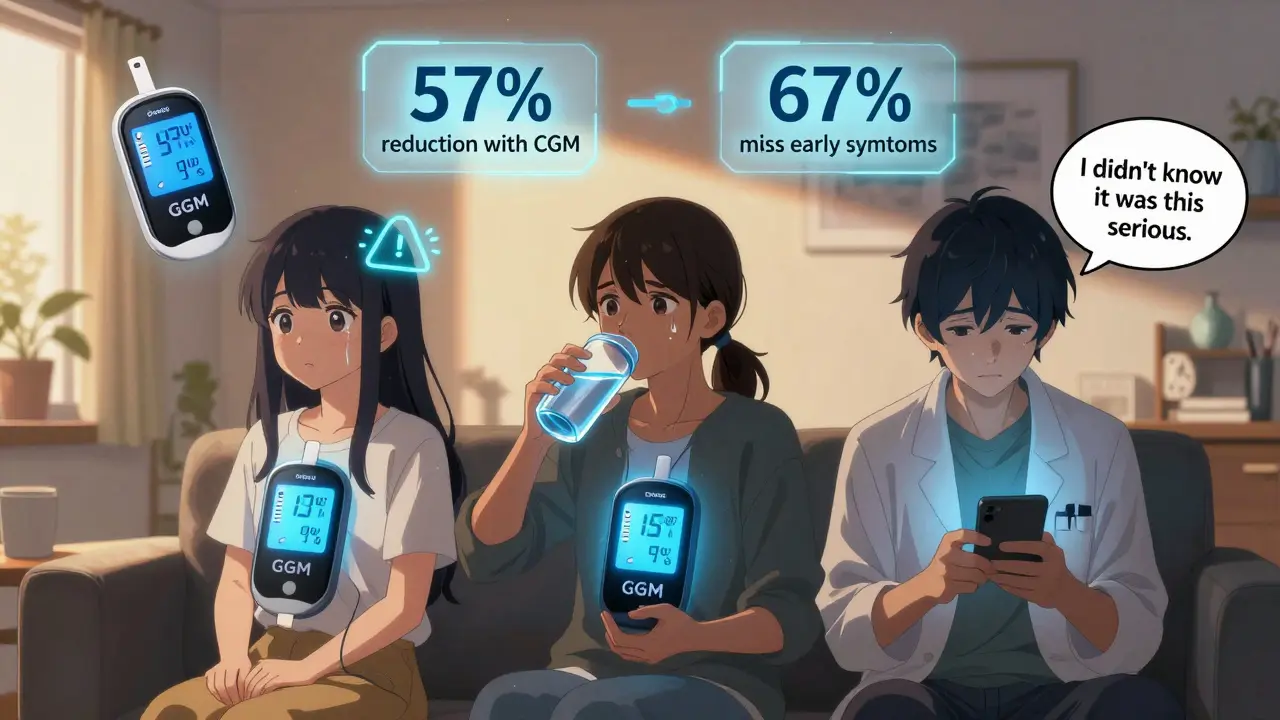 Three young people monitored by CGM devices, each reacting to glucose spikes with emotional expressions.