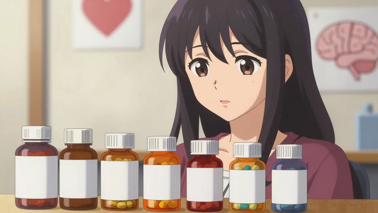 Woman examining pill bottles with distinct colors and shapes. Medical icons in background.