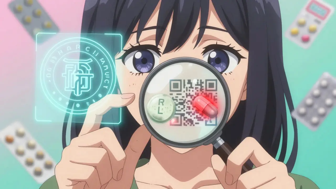 A close-up of a hand holding two pills under a magnifying glass, one authentic with a glowing QR code.