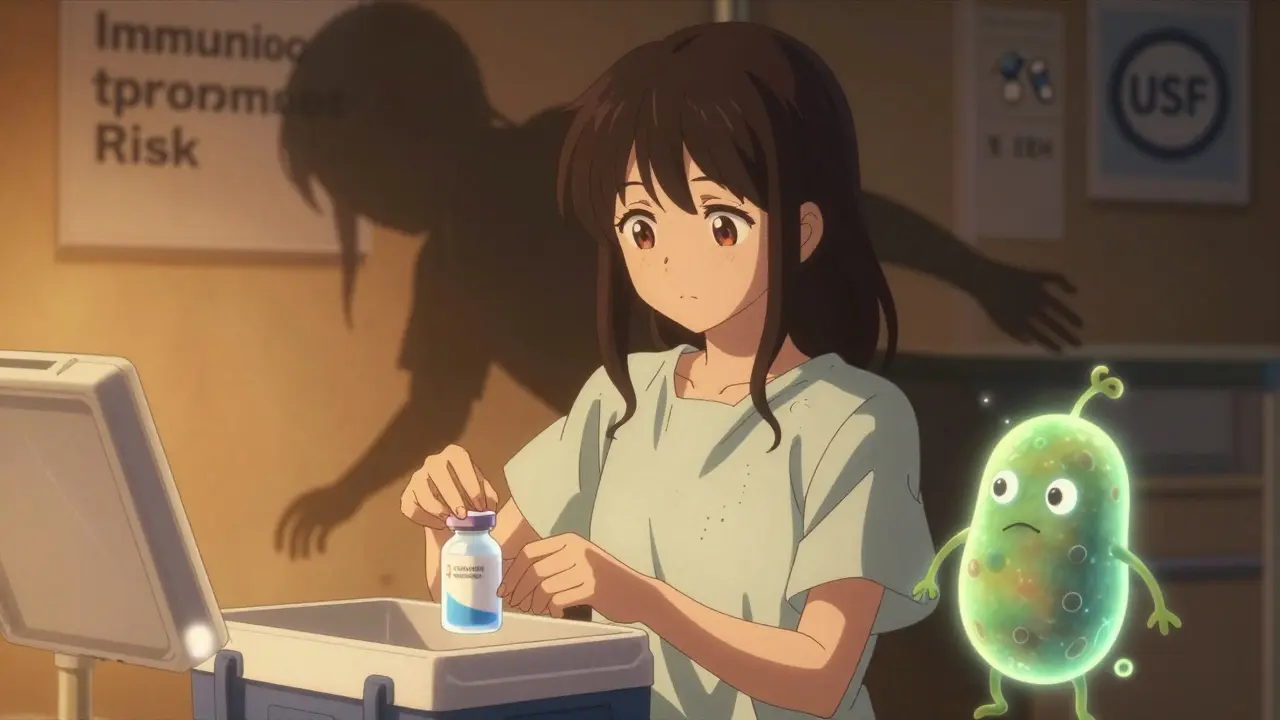 A girl placing a refrigerated probiotic into a cooler as a friendly bacterial spirit watches, with a shadowy risk figure fading away.