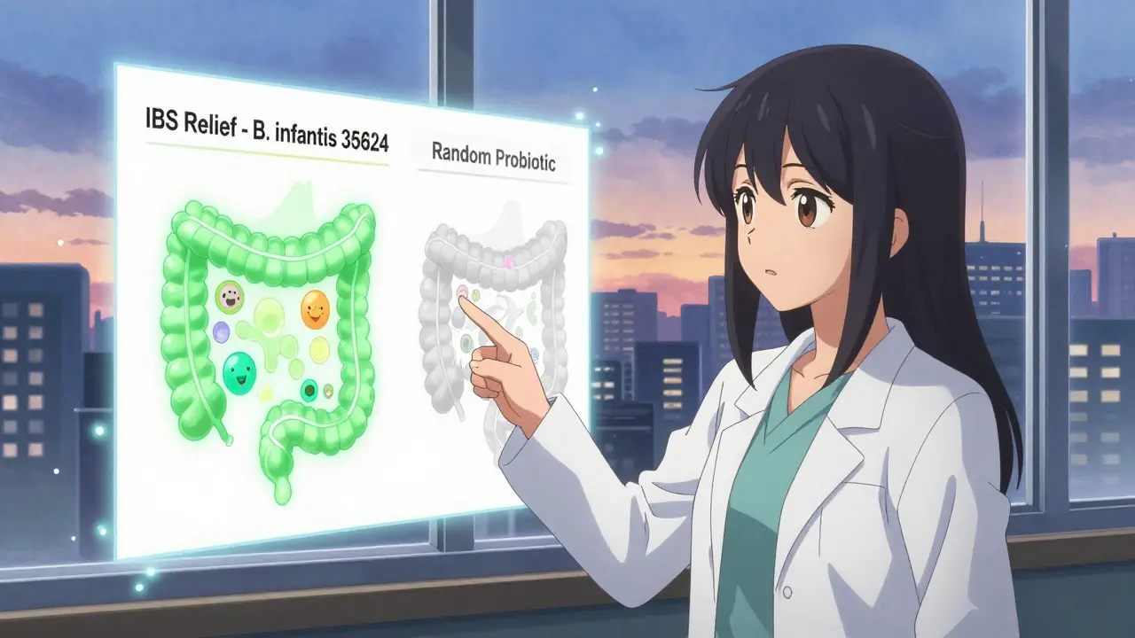 A girl pointing at a microbiome chart showing one effective probiotic strain glowing green and another fading, in a lab setting.