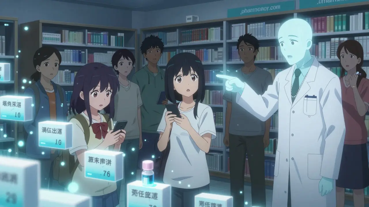 A group of people in a digital library surrounded by floating medicine boxes, one scanning a pill with a phone.