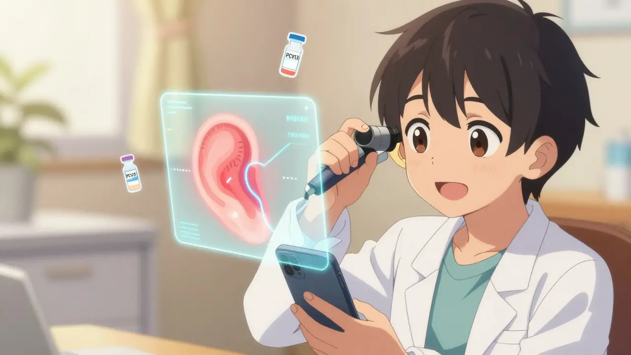 A pediatrician examining a child’s ear using a smartphone otoscope, with holographic diagnostics and vaccine icons floating gently around them.