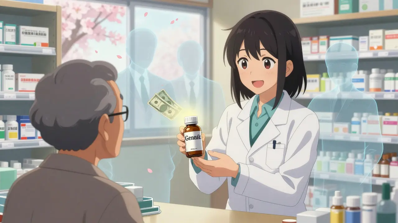 A pharmacist hands a generic drug to an elderly patient, with fading patent figures in the background under soft glowing light.