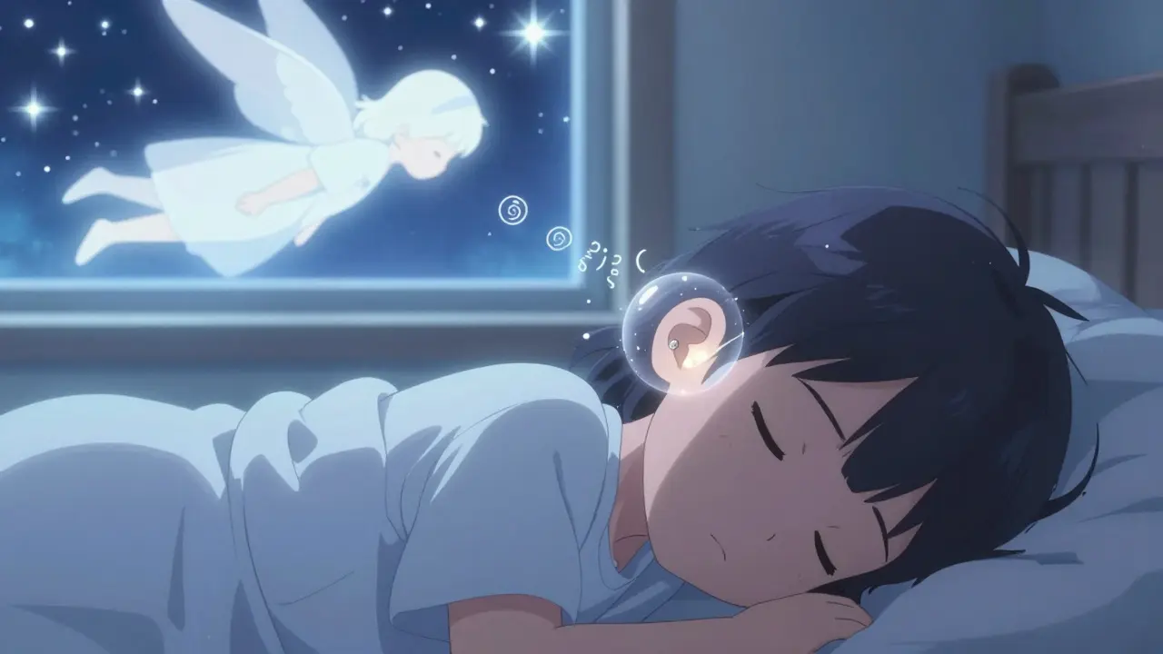 A sleeping child with glowing ear tubes in the eardrum, surrounded by a soft healing aura and protective energy.
