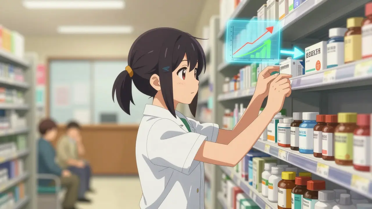 An intern replaces a brand-name drug with a generic as digital demand graphs shift beside her.