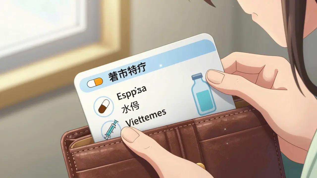 Close-up of a wallet revealing a laminated emergency medication card in four languages with clear icons.