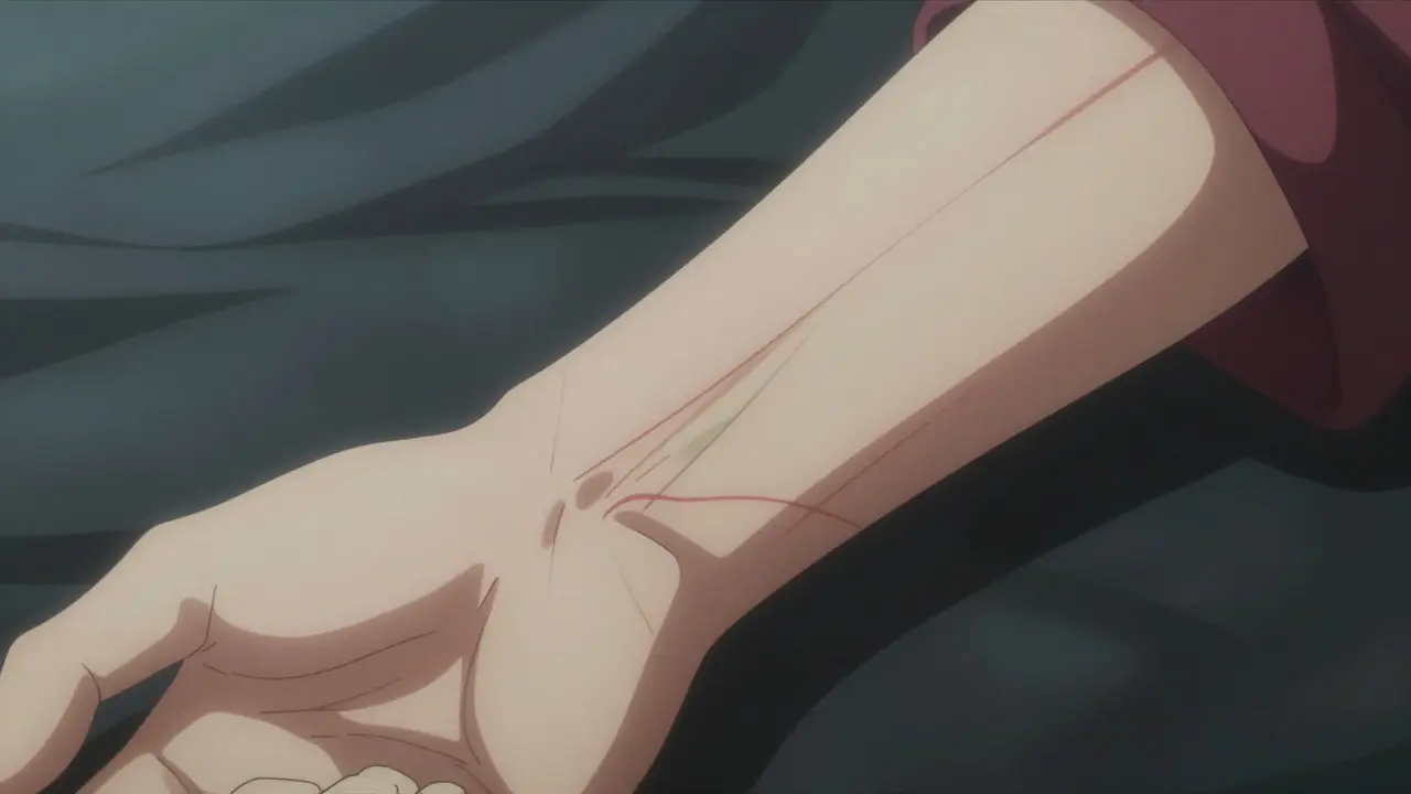 Close-up of arm showing thin skin with visible red veins and fine lines.