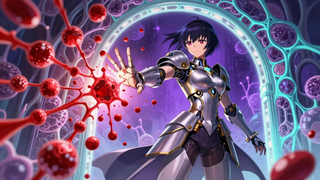 Female guardian blocking red molecules at cellular gate with armor