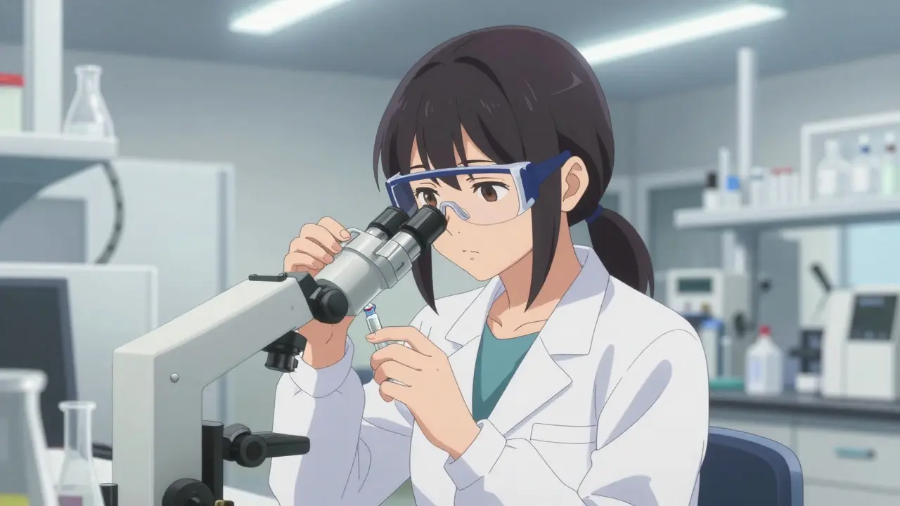 Female technician inspecting vial in sterile laboratory setting, anime style.