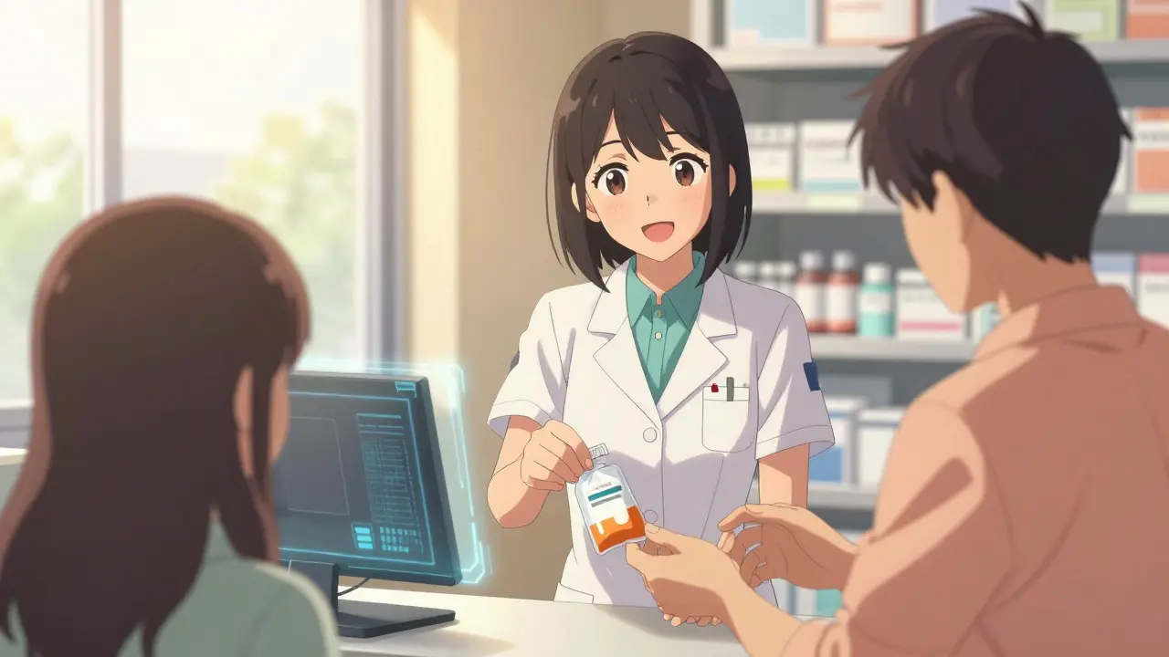 Pharmacist handing medicine to patient in warm lit shop, anime style.