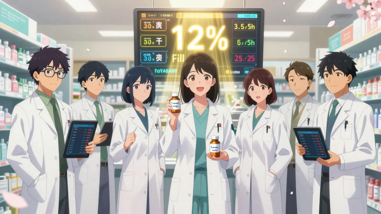 Pharmacists monitor real-time inventory data on tablets, with a glowing dashboard showing improved fill rates.