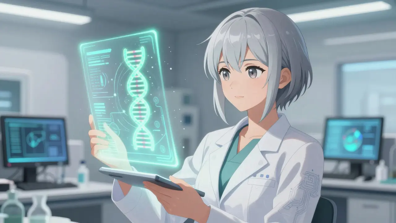 Scientist with holographic DNA data in futuristic medical lab