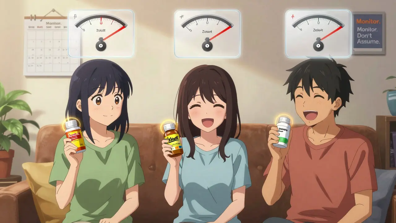 Three young adults with antidepressant bottles, floating BP gauges showing venlafaxine's higher risk compared to others.