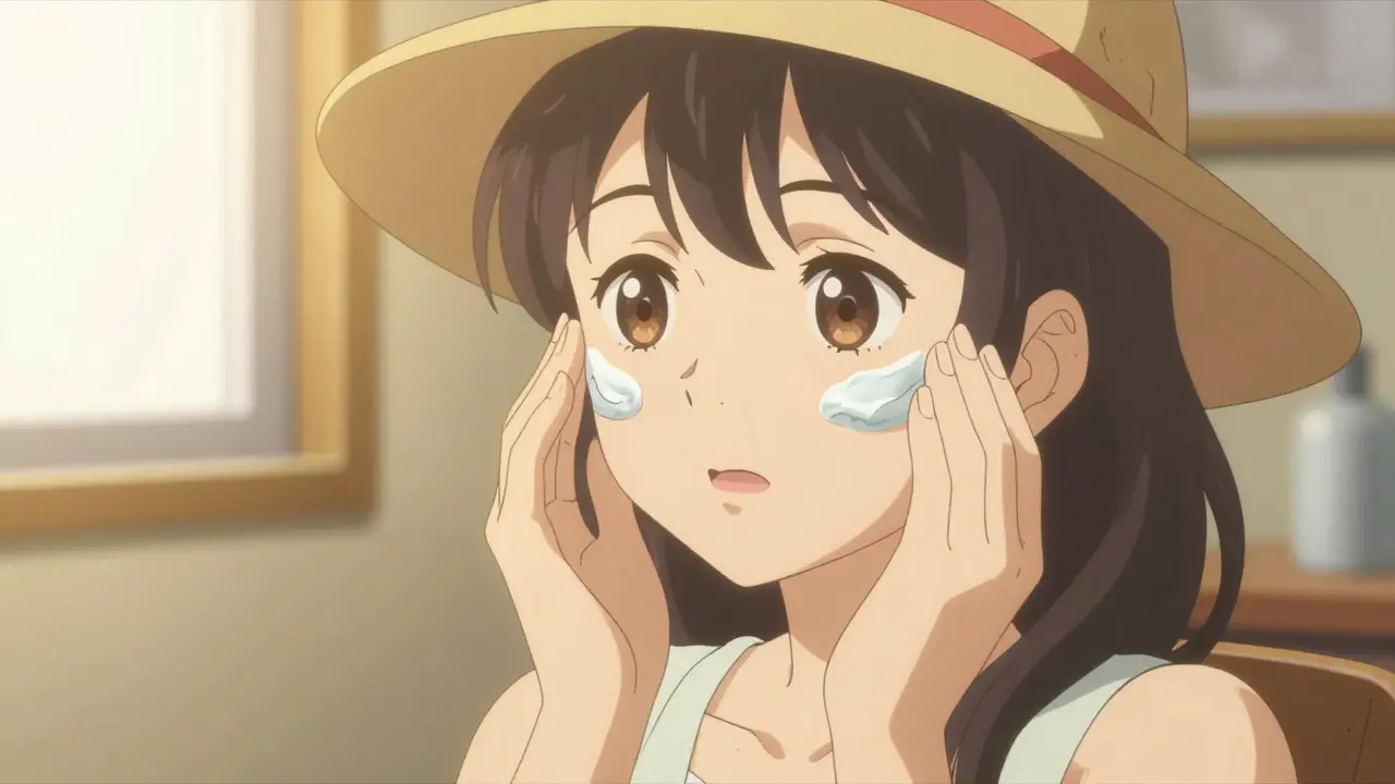 Woman applying moisturizer in sunlight, skin glowing with protective barrier.