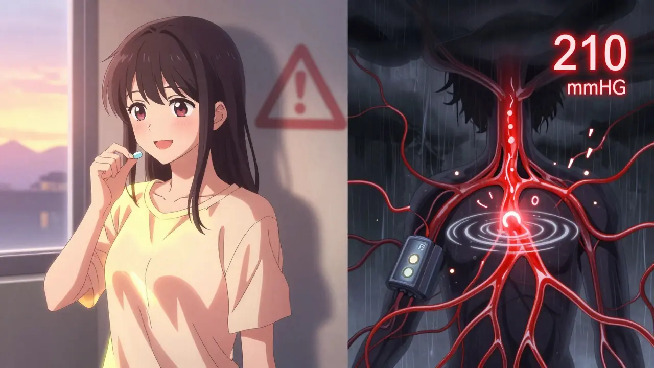 Woman taking venlafaxine pill as invisible norepinephrine waves surge through her body, raising blood pressure.