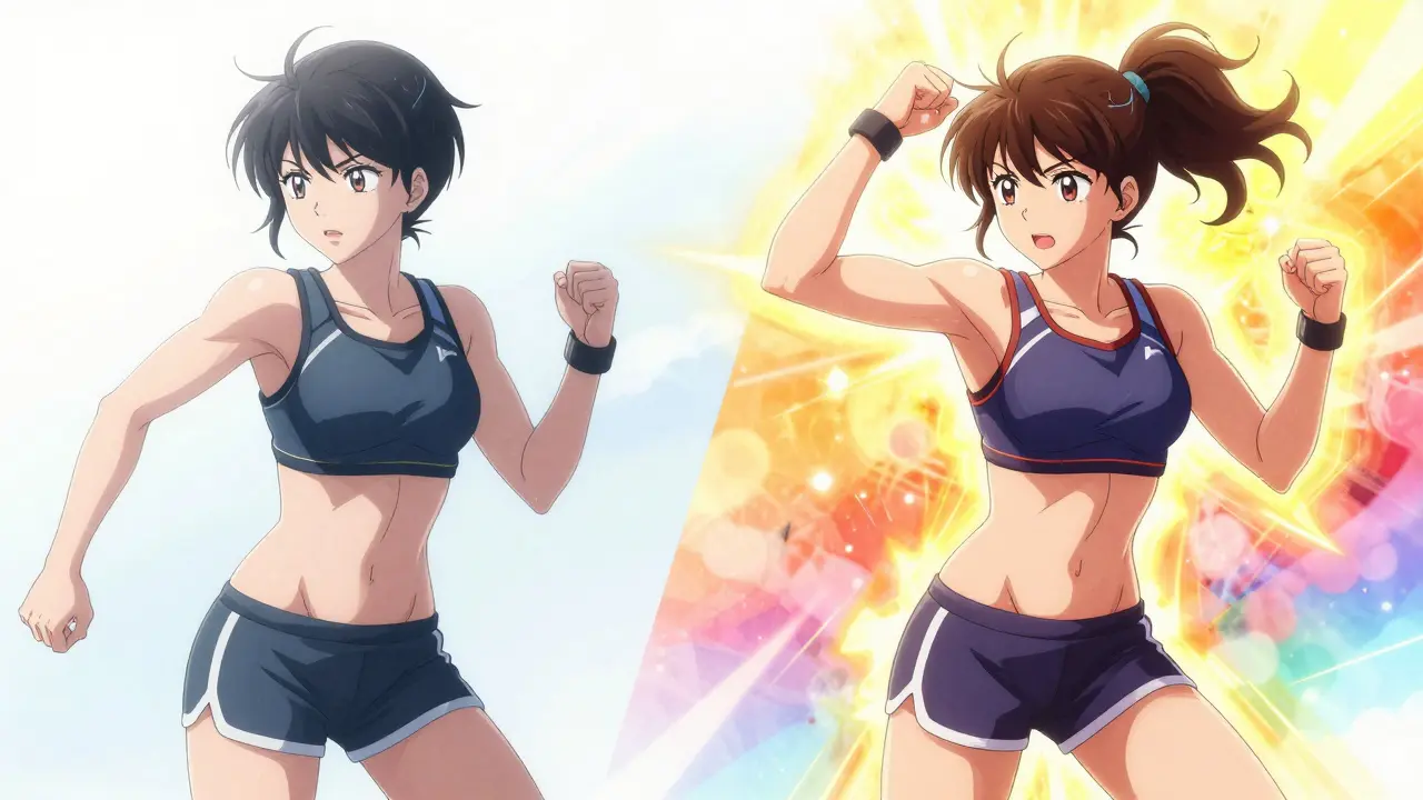 Anime athlete depicted in two states, representing fasted and fed metabolic training.