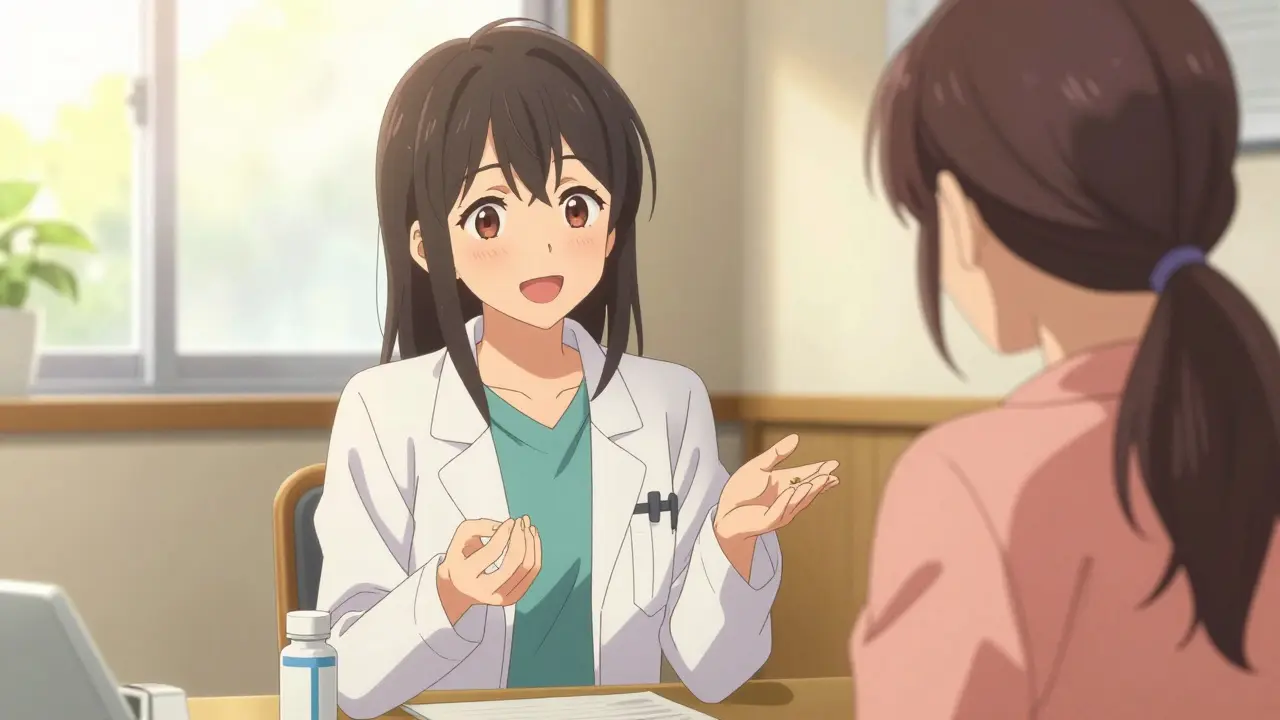 Anime doctor confidently explaining generic medication to a patient in a bright clinic