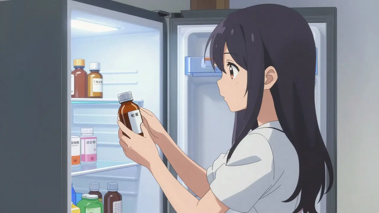 Anime girl carefully storing a medicine bottle inside a refrigerator
