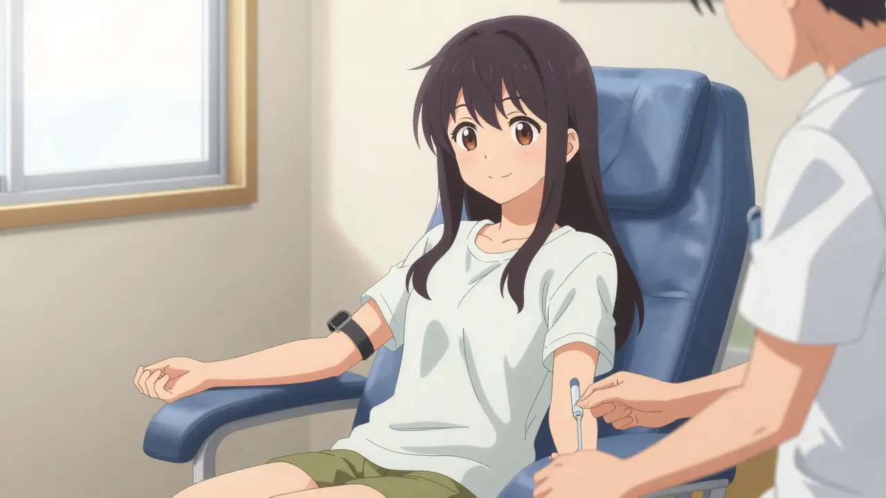 Anime girl smiling peacefully during a therapeutic phlebotomy session